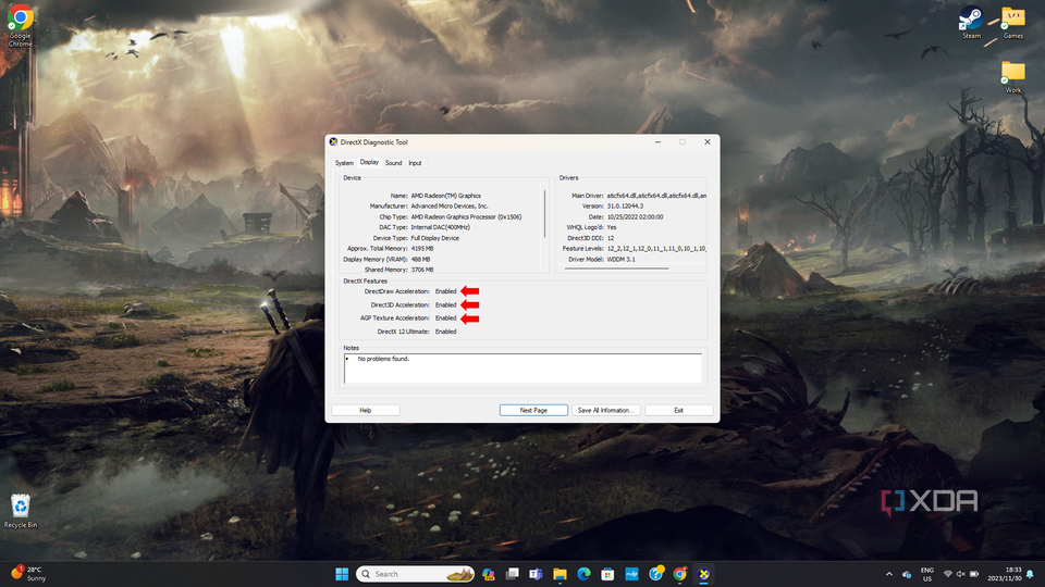 DirectX Diagnostic Tool window displaying the Display tab with device and driver information for AMD Radeon(TM) Graphics.