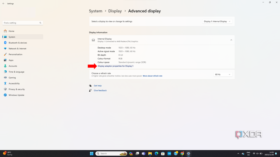 A pop-up window for 'Advanced display settings' showing detailed graphics adapter information and properties for Display 1.