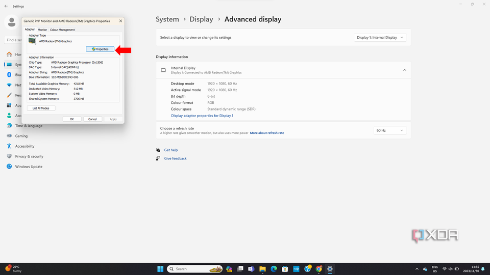 Properties window for the graphics adapter showing the AMD Radeon(TM) Graphics card details.