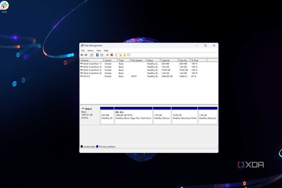 A screenshot showing the disk management screen on Windows.