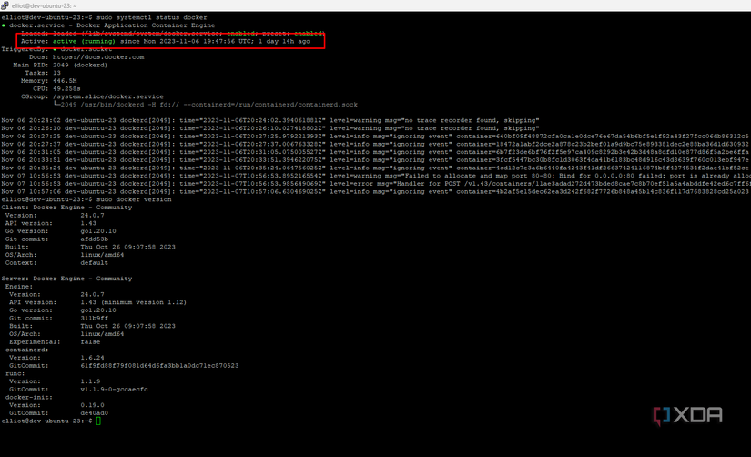 A terminal screenshot showing that Docker is running