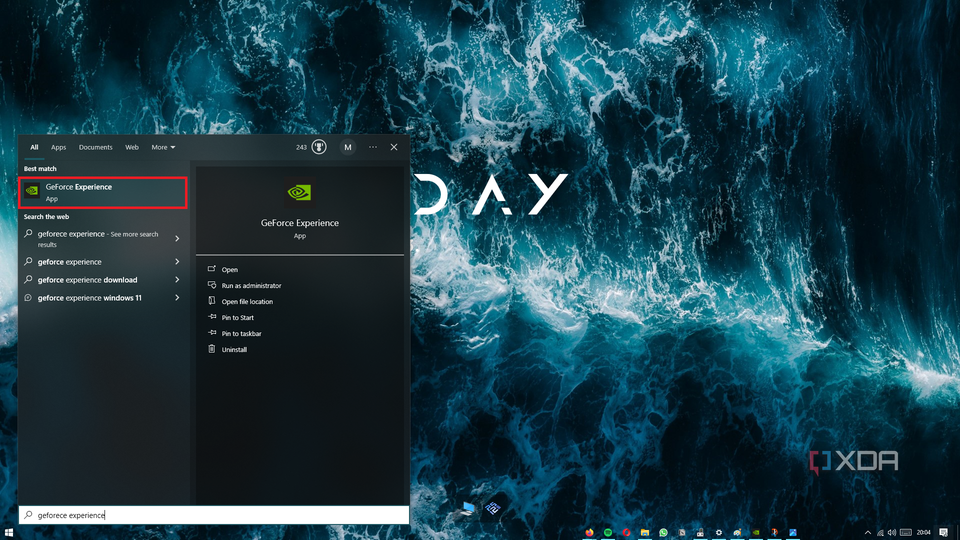 windows home screen with geforce experience searched in the start menu