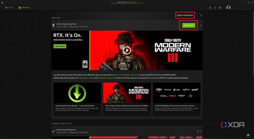 geforce experience drivers section with download button for new update highlighted