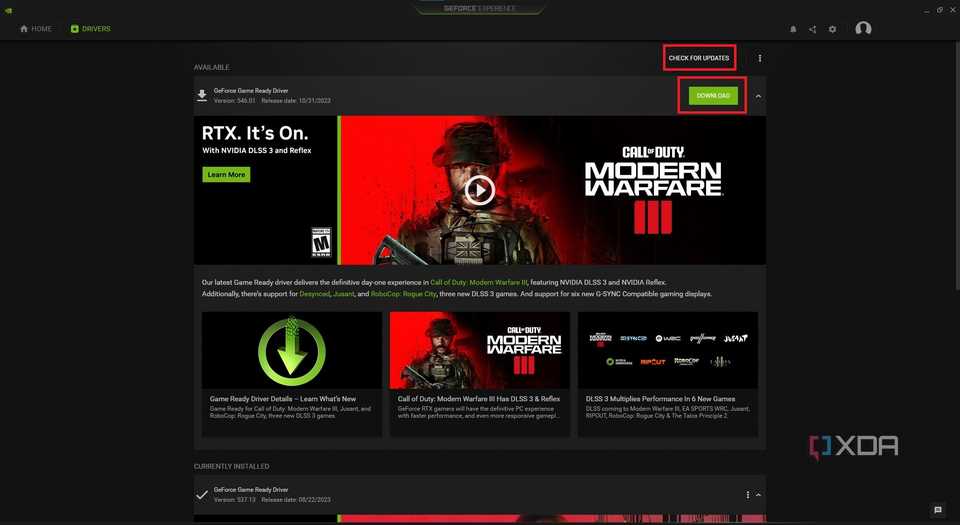 geforce experience drivers section with download button for new update highlighted