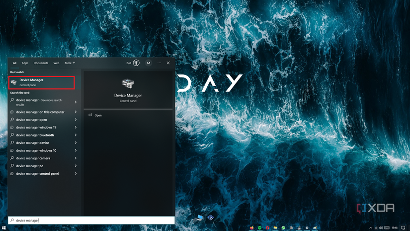 windows home screen with device manager searched in the start menu