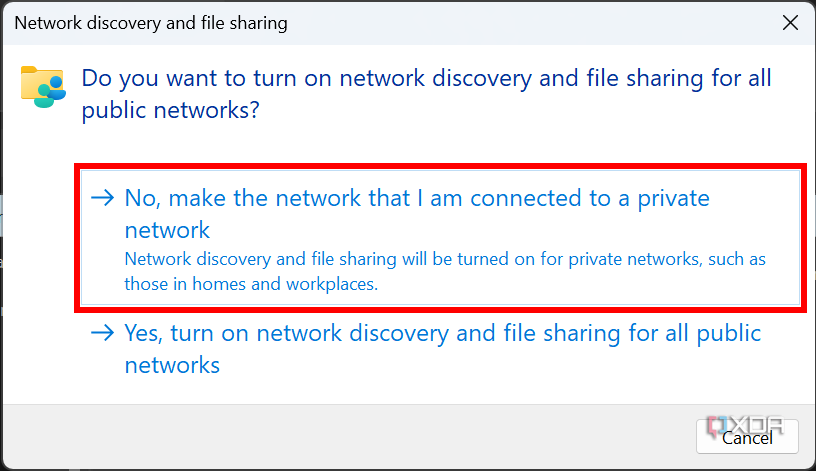 Screenshot of a Windows dialog asking the user whether they want to enable network discovery for all public networks or make the current network private