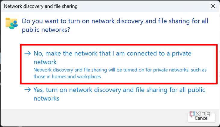 Screenshot of a Windows dialog asking the user whether they want to enable network discovery for all public networks or make the current network private