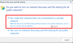 Screenshot of a Windows dialog asking the user whether they want to enable network discovery for all public networks or make the current network private