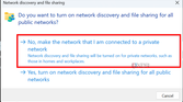 Screenshot of a Windows dialog asking the user whether they want to enable network discovery for all public networks or make the current network private