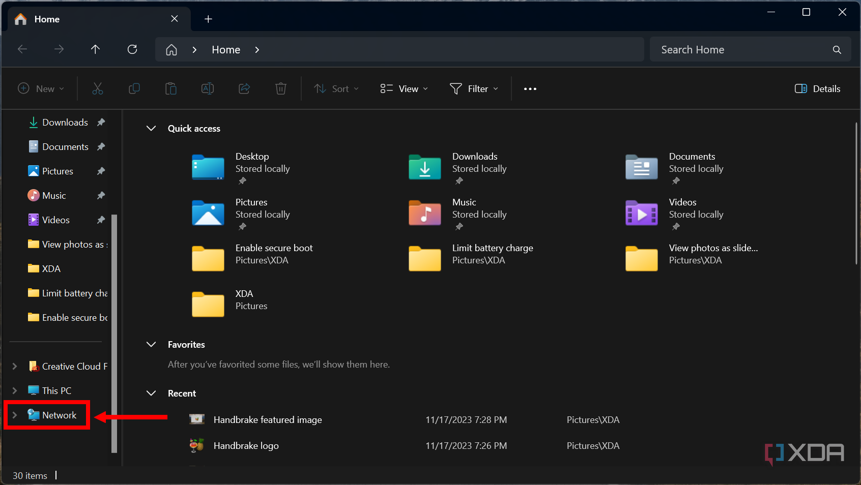 Screenshot of File Explorer with the Network option highlighted in the left-side navigation pane