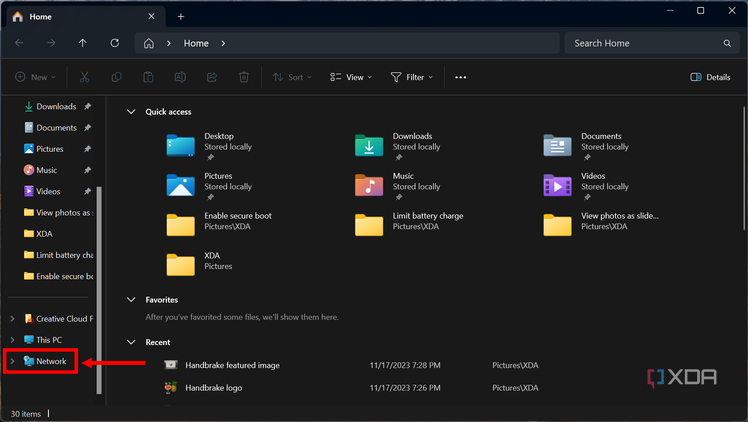Screenshot of File Explorer with the Network option highlighted in the left-side navigation pane