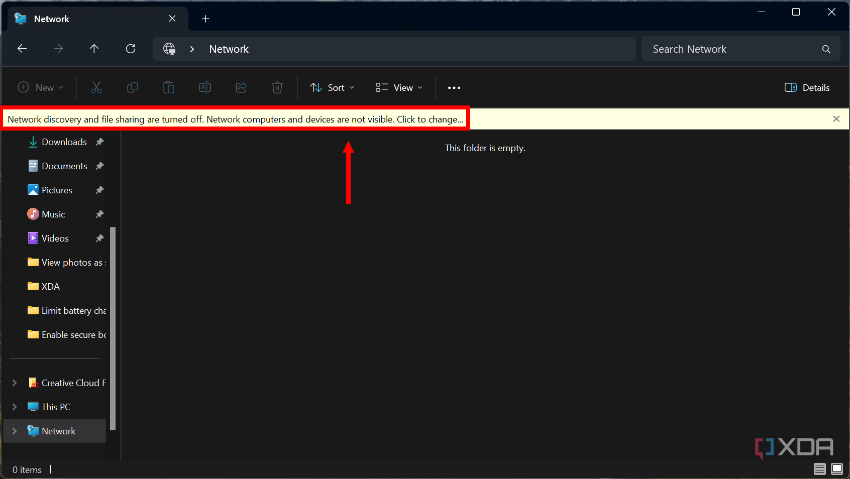 Screenshot of the network page in File Explorer with a banner indicating that network discovery and file sharing are turned off