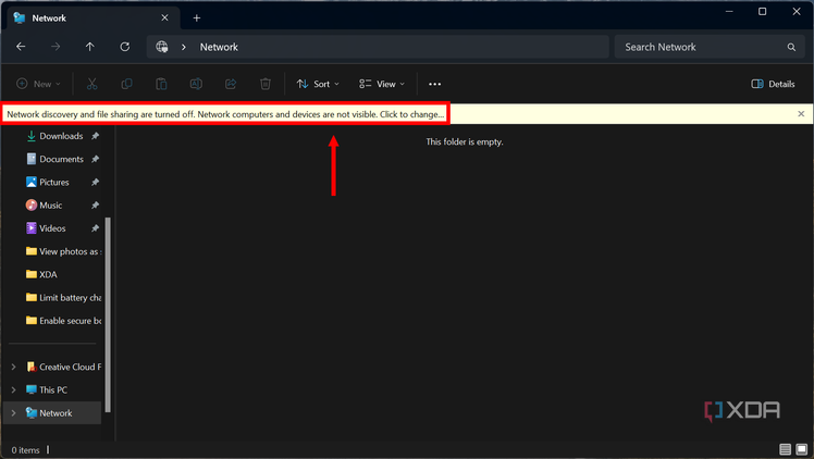 Screenshot of the network page in File Explorer with a banner indicating that network discovery and file sharing are turned off