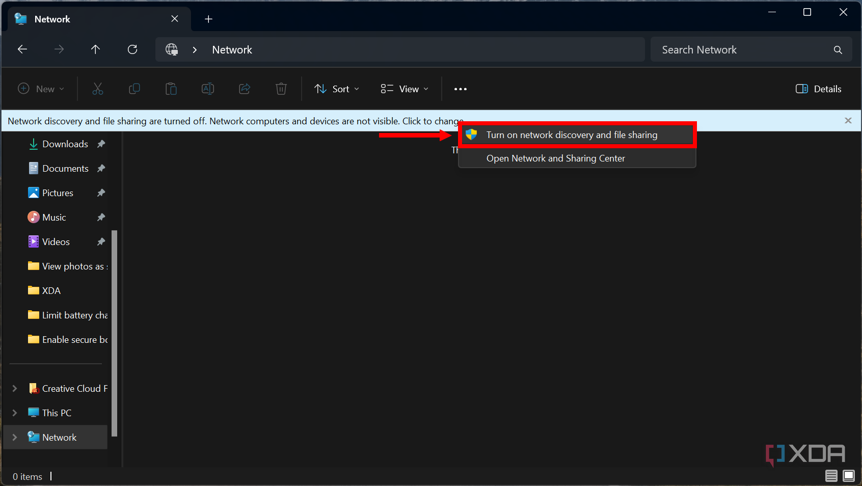 Screenshot of the network page in File Explorer with a banner indicating that network discovery and file sharing are turned off. The banner has been clicked, showing a menu with an option to turn these features on.