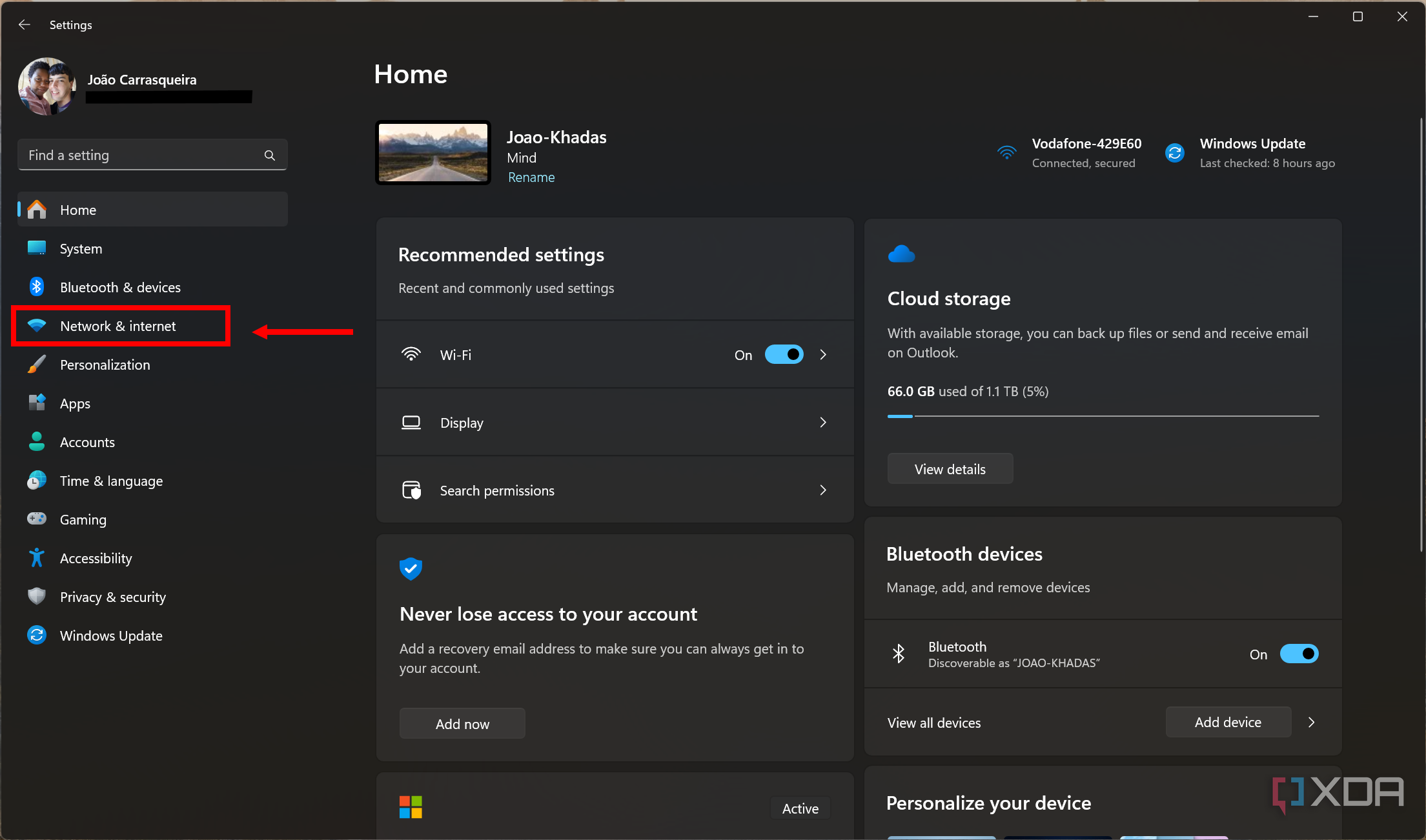 Screenshot of the Windows 11 Settings app with the Network & internet button highlighted on the left-side menu