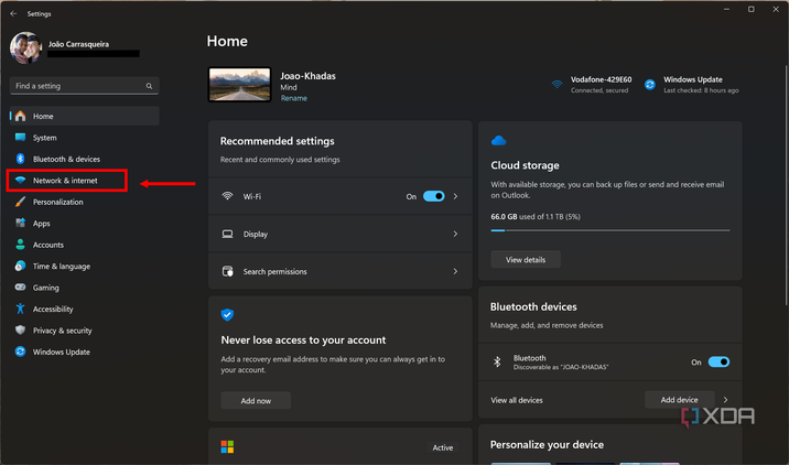 Screenshot of the Windows 11 Settings app with the Network & internet button highlighted on the left-side menu