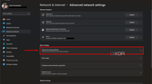 Screenshot of advanced network settings in Windows 11 with the advanced sharing settings button highlighted