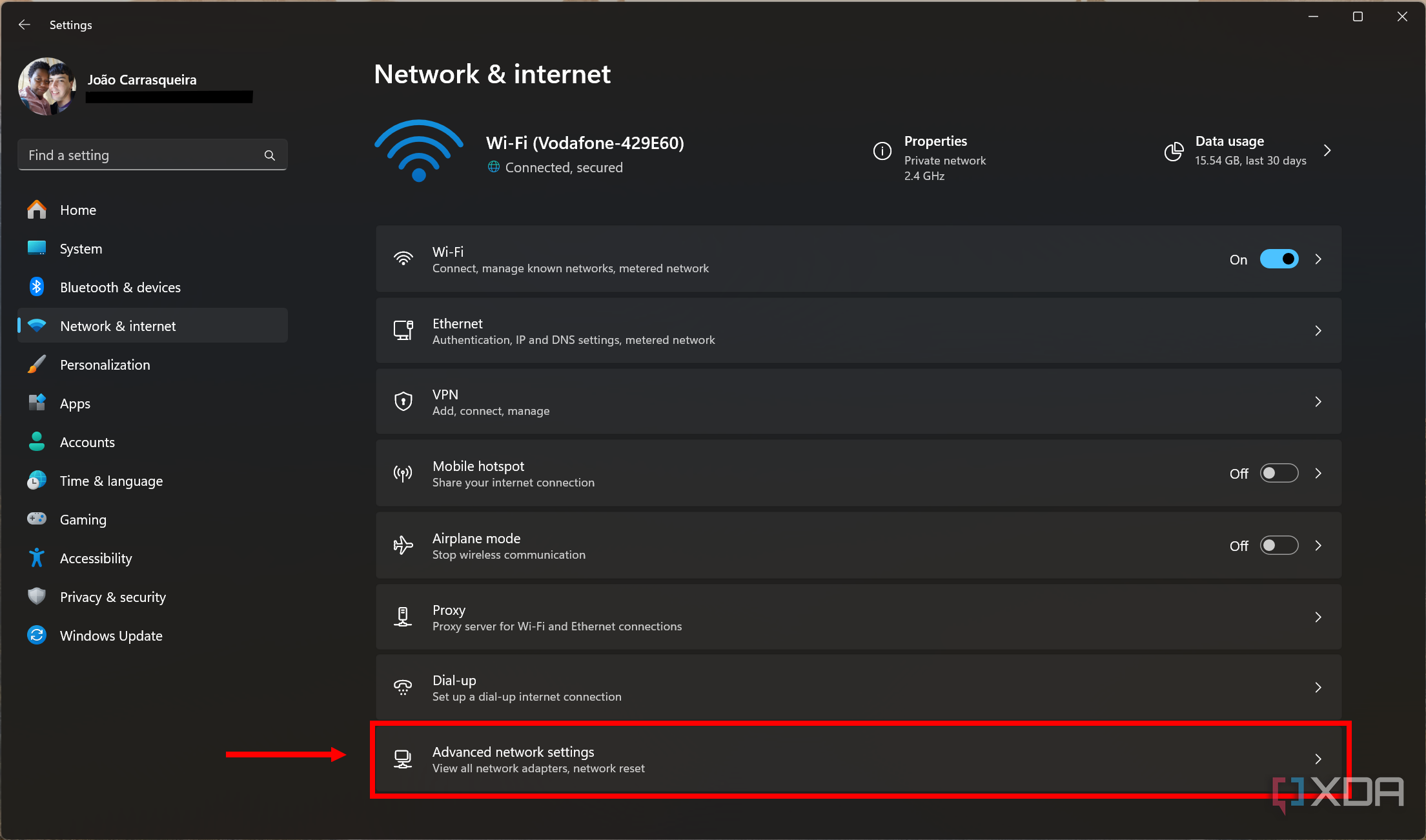 Screenshot of Windows 11 Network & internet settings with the advanced network settings button highlighted