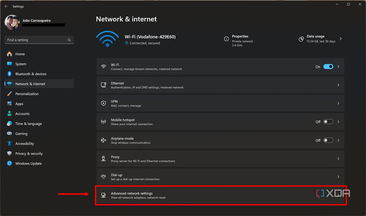 Screenshot of Windows 11 Network & internet settings with the advanced network settings button highlighted