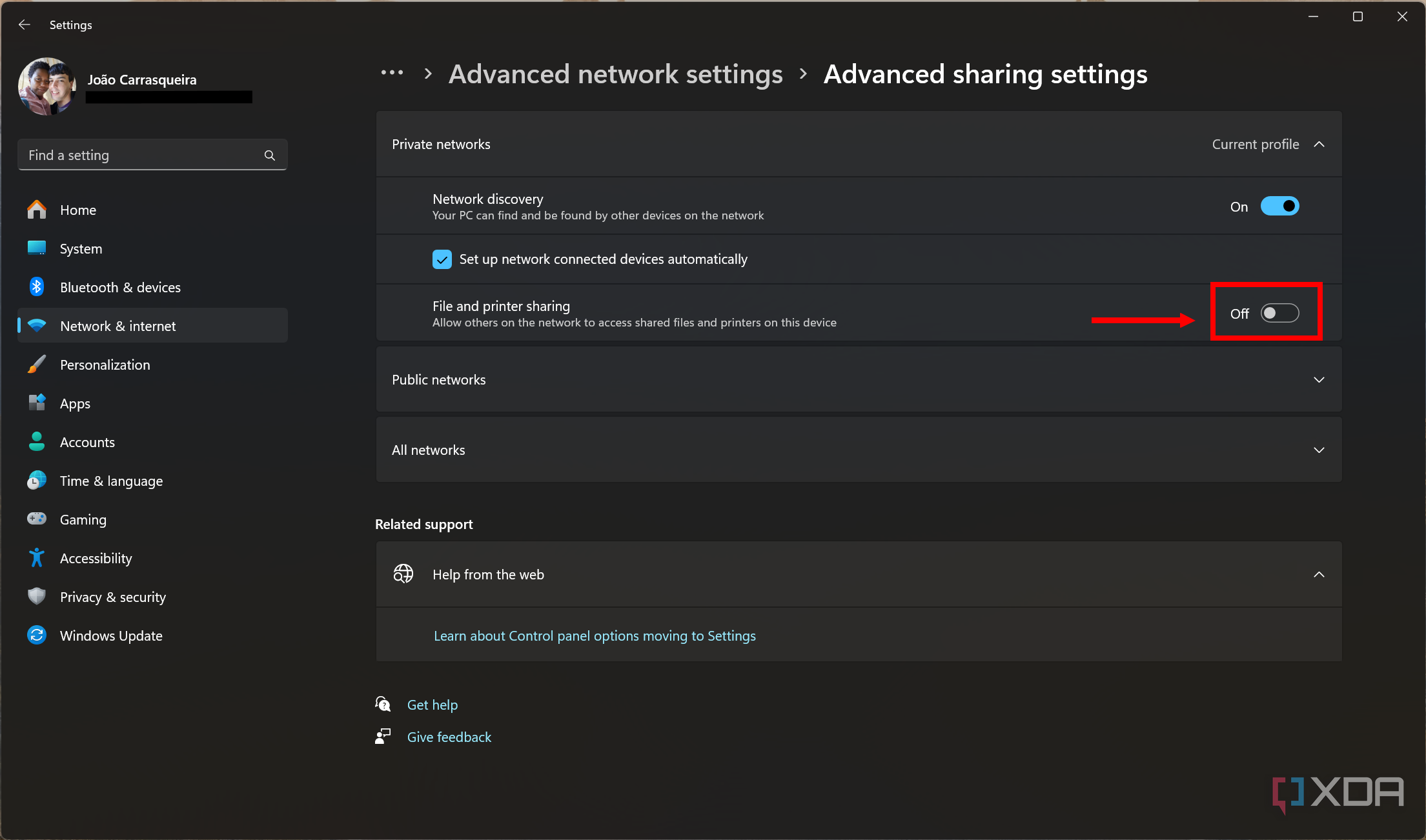 Screenshot of advanced sharing settings in Windows 11 with File and printer sharing turned off