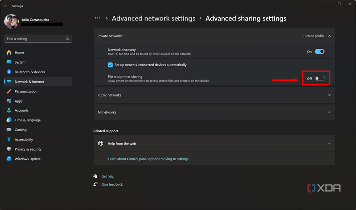 Screenshot of advanced sharing settings in Windows 11 with File and printer sharing turned off