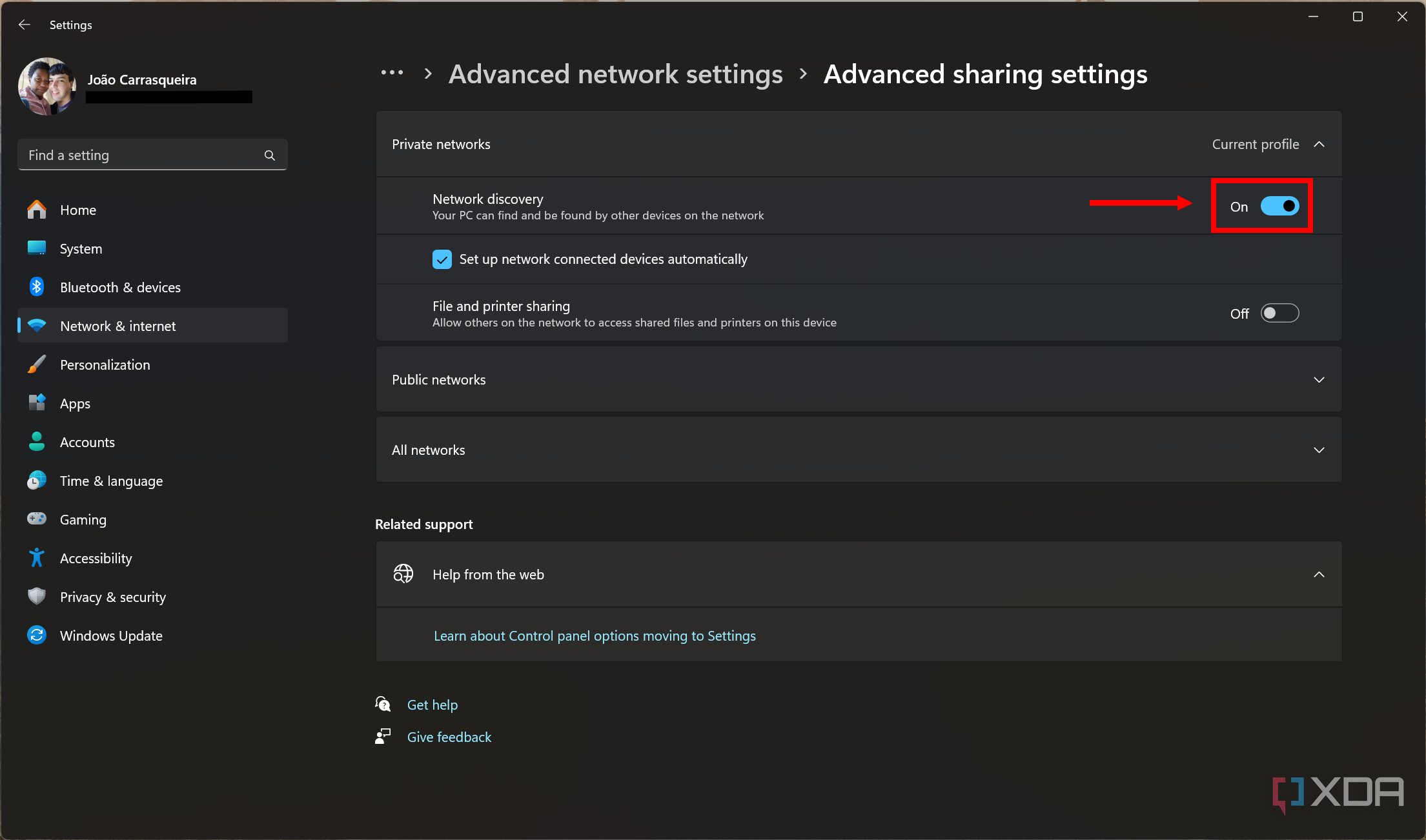 Screenshot of advanced sharing settings in Windows 11 with Network discovery enabled and highlighted