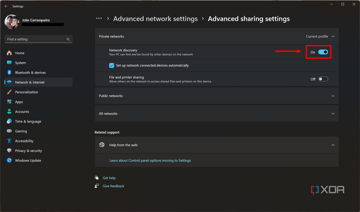 Screenshot of advanced sharing settings in Windows 11 with Network discovery enabled and highlighted