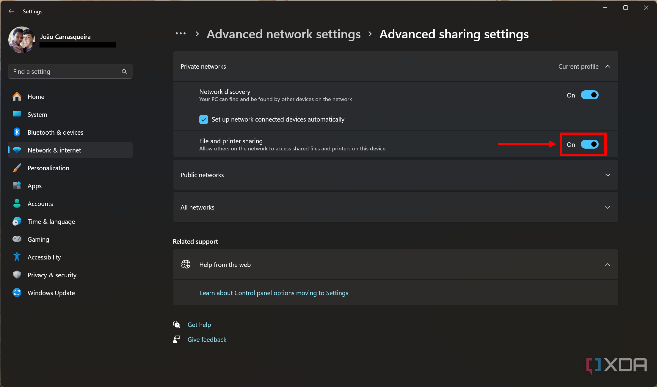 Screenshot of advanced sharing settings in Windows 11 with file and printer sharing enabled and highlighted