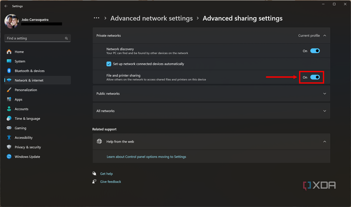 Screenshot of advanced sharing settings in Windows 11 with file and printer sharing enabled and highlighted