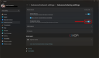 Screenshot of advanced sharing settings in Windows 11 with file and printer sharing enabled and highlighted