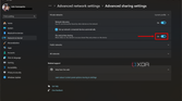 Screenshot of advanced sharing settings in Windows 11 with file and printer sharing enabled and highlighted