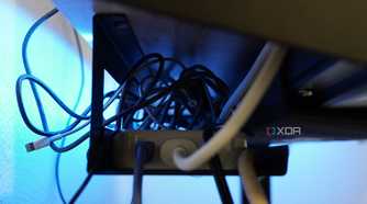 The cable management tray included on the FlexiSpot standing desk.