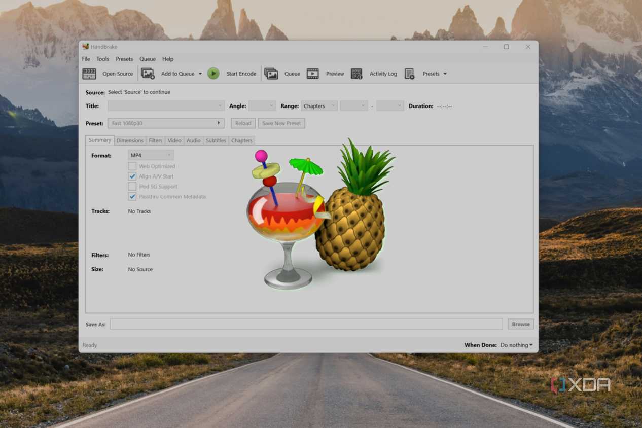 Screenshot of Handbrake running in Windows 11 with the Handbrake logo overlaid on top