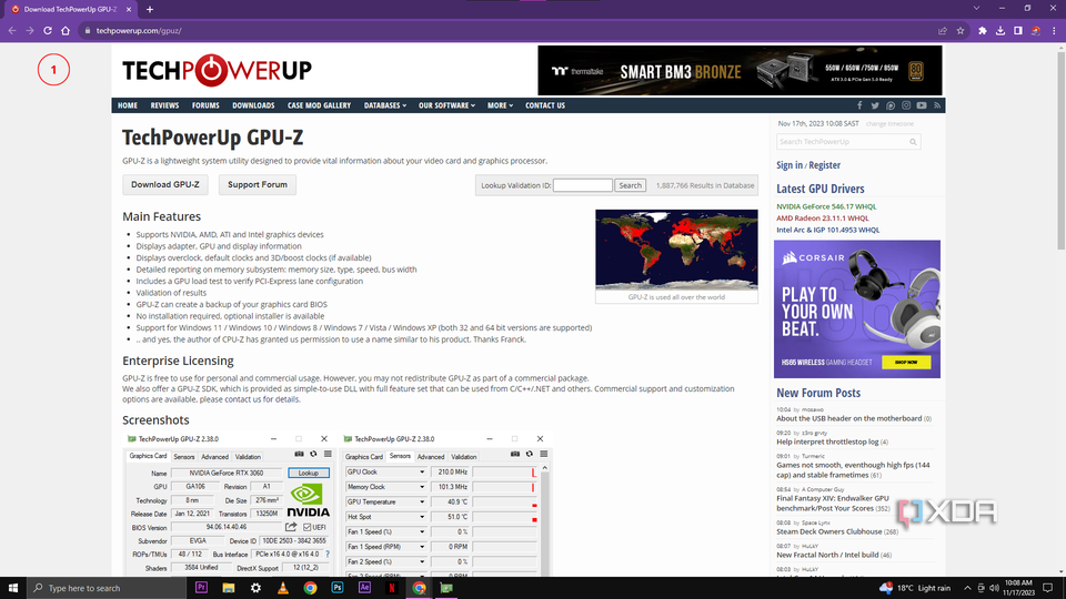A screenshot of the TechPowerUp GPU-Z website showing the main features of the software, which include support for NVIDIA, AMD, and ATI graphics devices, detailed reporting on memory subsystem, and no installation requirement for use. A world map indicating the global use of GPU-Z is visible in the background.