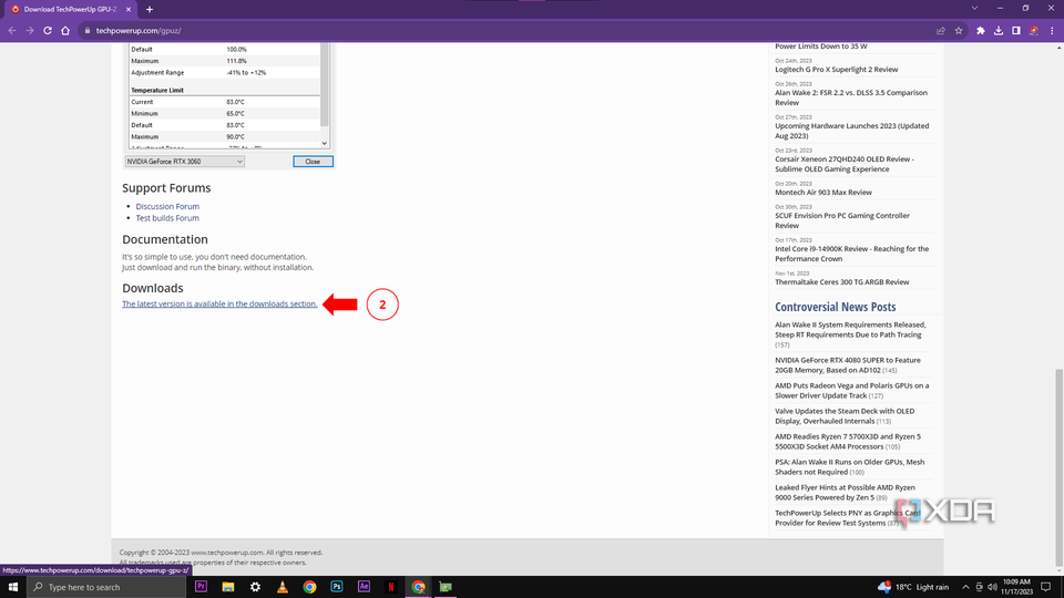 A screenshot highlighting the 'Support Forums' and 'Documentation' sections of the GPU-Z webpage, with an arrow pointing towards the 'Downloads' section where the latest version of the software can be accessed.