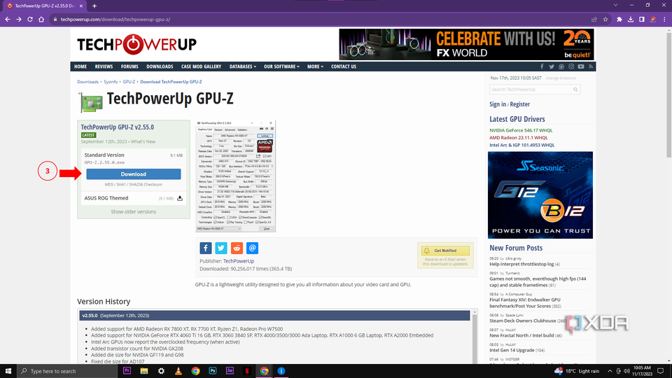 An image of the GPU-Z download page with a red arrow pointing to the 'Download' button for the standard version of TechPowerUp GPU-Z v2.55.0, with details about the file size and version history visible.