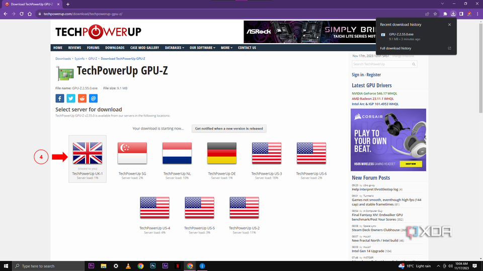 A screenshot showing different server options for downloading GPU-Z, with a red arrow indicating the UK server as the recommended choice for download due to its proximity to the user.
