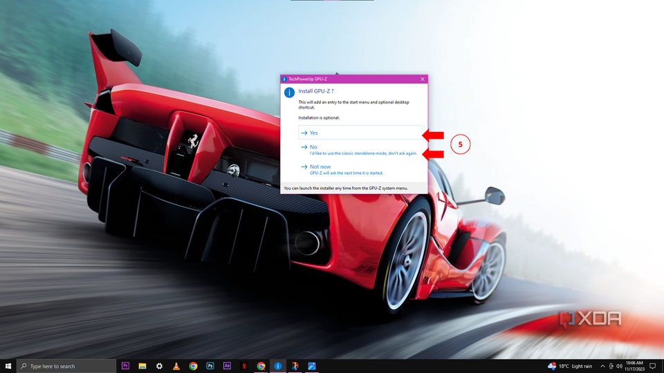 A pop-up window asking whether to install GPU-Z with options 'Yes', 'No', 'I'd like to use the classic standalone mode, don't ask again', and 'Not now'. A red sports car is in the background.