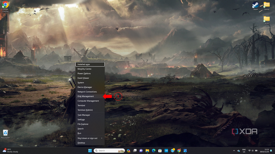 Right-clicking on the Windows Start menu and selecting 'Disk Management' to initialize an SSD.