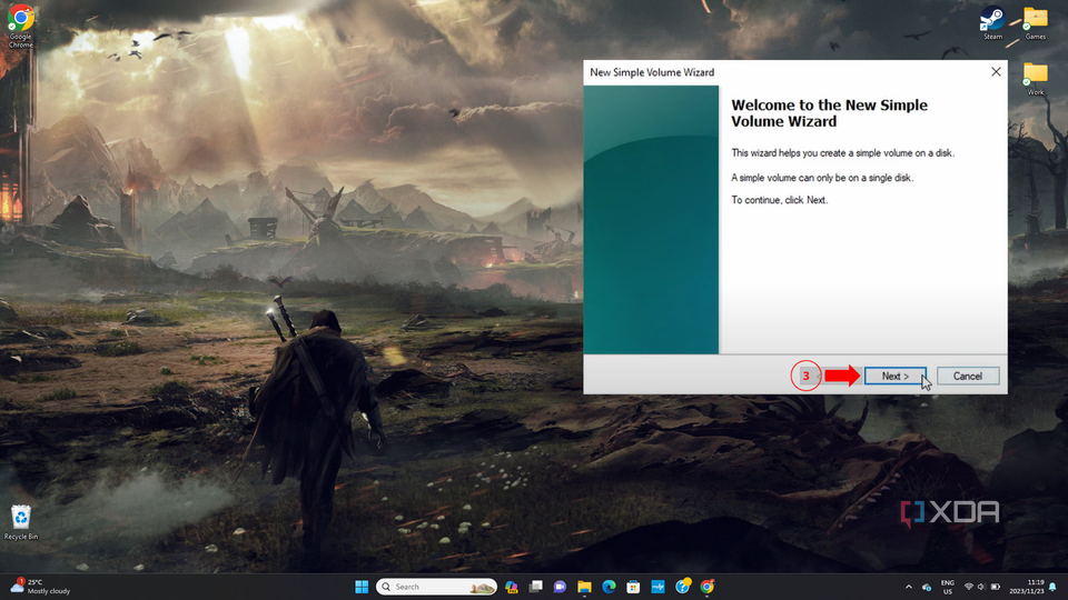Starting the New Simple Volume Wizard in Disk Management by clicking 'Next.