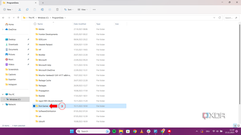 Inside the "ProgramData" folder, a list of folders is shown with a red arrow pointing to the "Riot Games" folder.