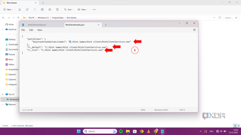 The "RiotClientInstalls.json" file is open in a text editor, with red arrows pointing to paths specified within the file.