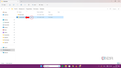 Inside the "Metadata" folder, a red arrow points to a subfolder named "valorant.live".
