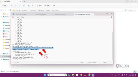 The "valorant.live_product_settings.yaml" file is open, displaying various settings and paths, with a red arrow highlighting the "product_install_root" path.