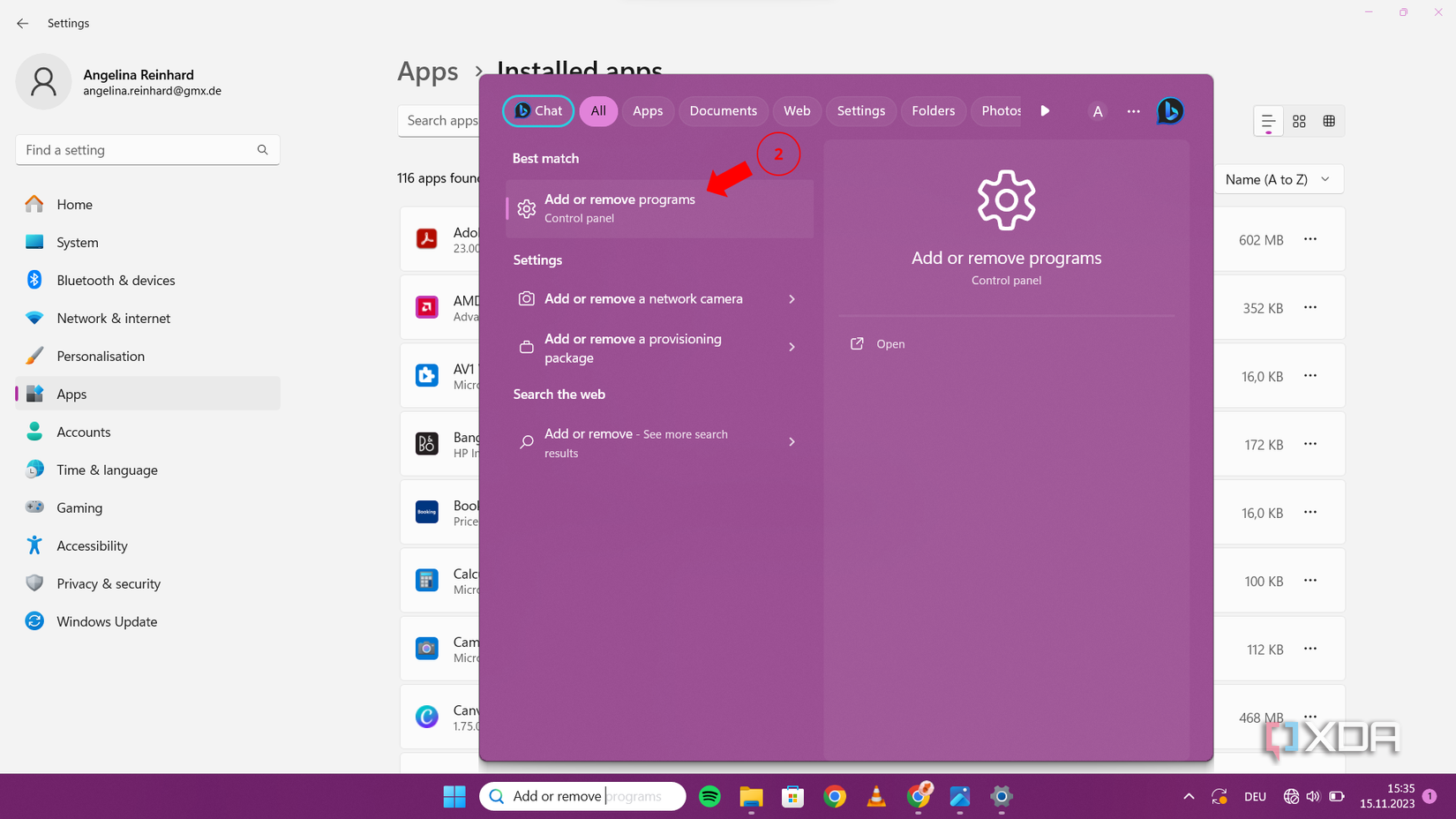 Windows search bar displaying results for "Add or remove programs" with the option highlighted.
