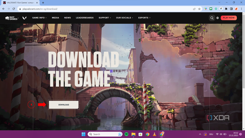 Valorant's official website page with a prominent download button for the game.