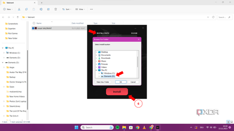 Valorant installation window with the "Select install location" dialog open, and a cursor pointing to the 'OK' button after choosing a new drive for installation.