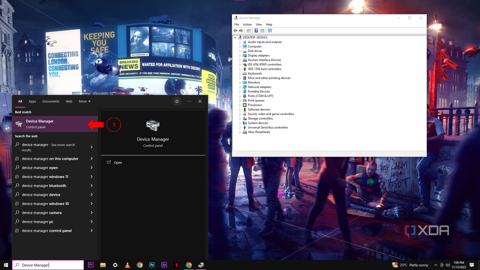 A Windows 10 desktop with the windows search bar open and the device manager tab to the right of it