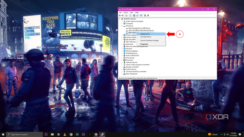 A Windows 10 desktop with the Device Manager tab open and a dropdown menu with the update driver option