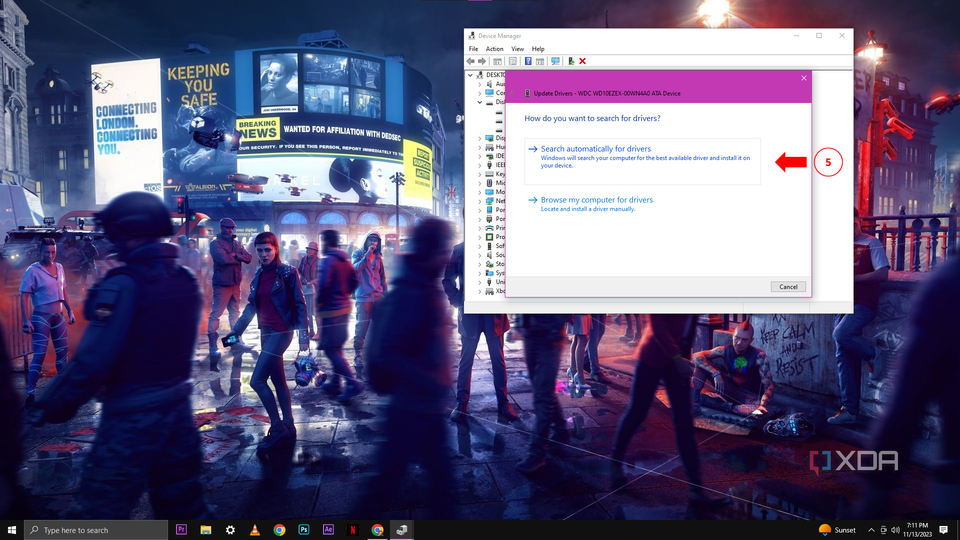A Windows 10 desktop with the windows update driver tab open